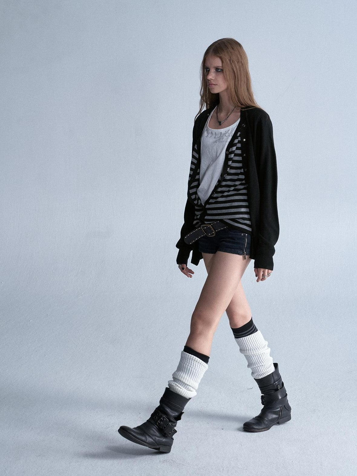 wear And tear V-neck Faux Two Piece Striped Studded Punk Women&