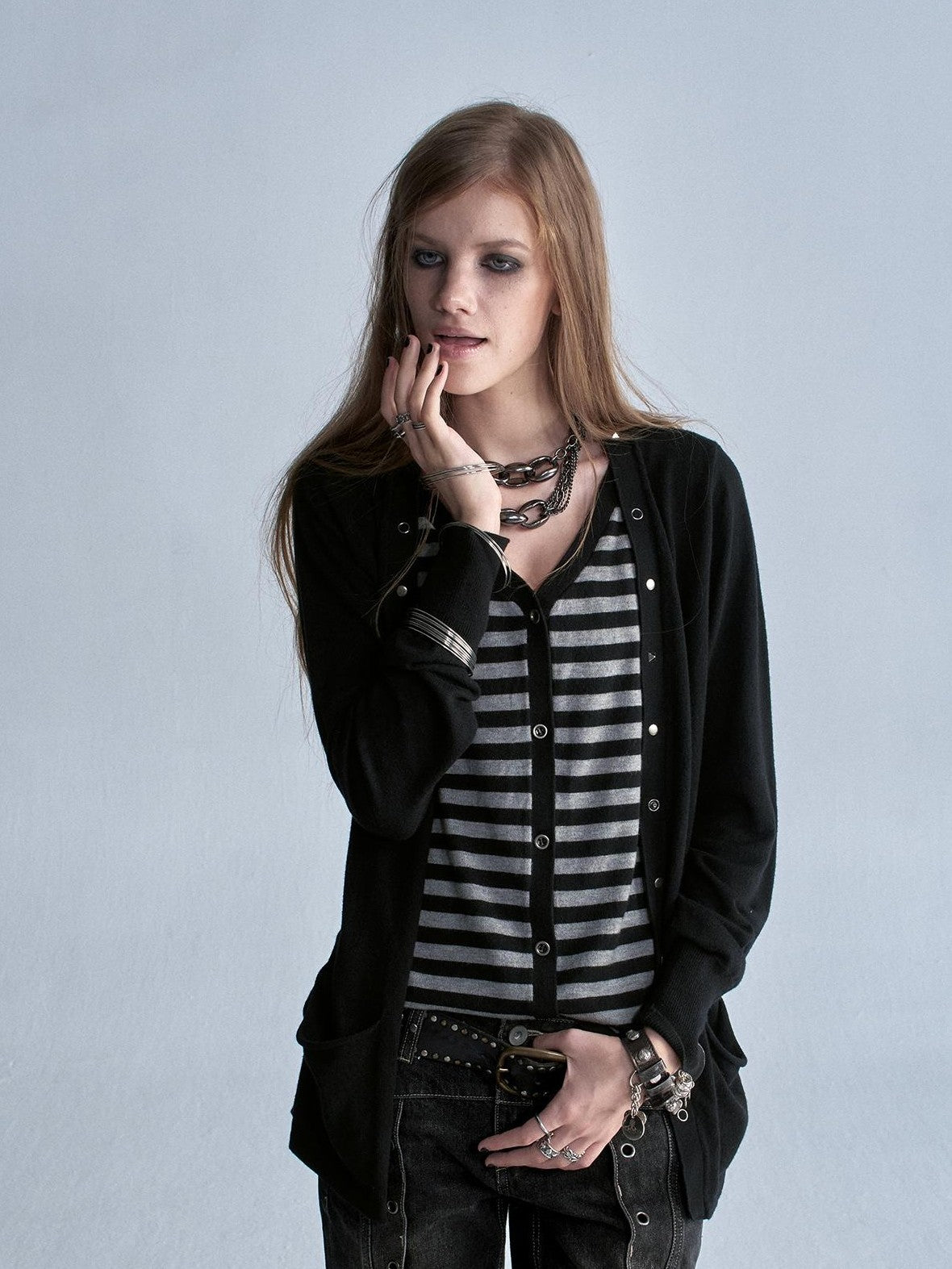 wear And tear V-neck Faux Two Piece Striped Studded Punk Women&