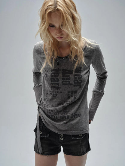 wear And tear V-neck Punk Print Sweatshirt With Drawstring Hem