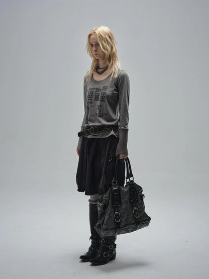 wear And tear V-neck Punk Print Sweatshirt With Drawstring Hem