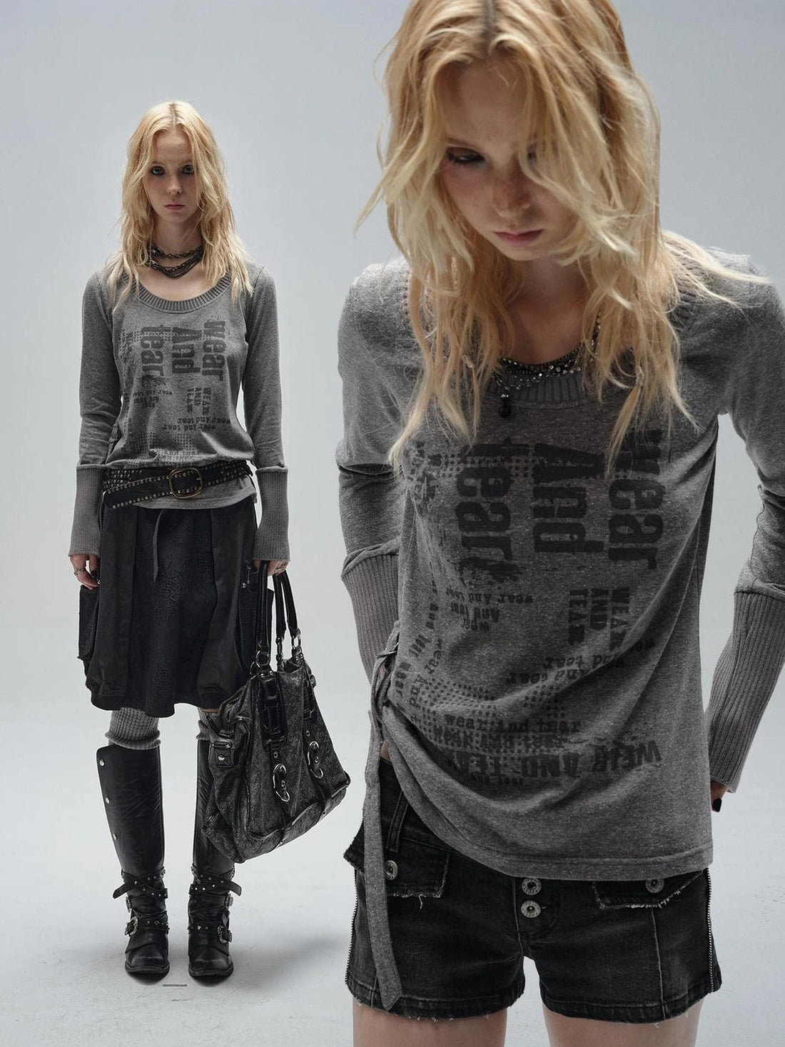 wear And tear V-neck Punk Print Sweatshirt With Drawstring Hem