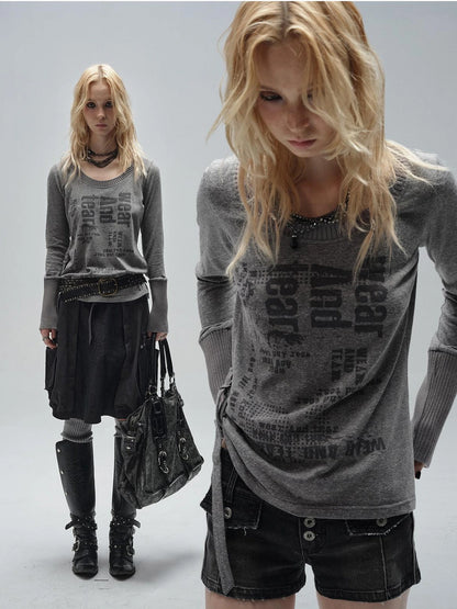 wear And tear V-neck Punk Print Sweatshirt With Drawstring Hem
