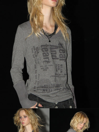 wear And tear V-neck Punk Print Sweatshirt With Drawstring Hem