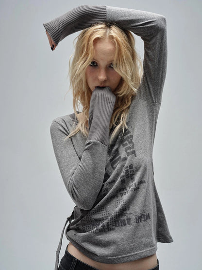 wear And tear V-neck Punk Print Sweatshirt With Drawstring Hem