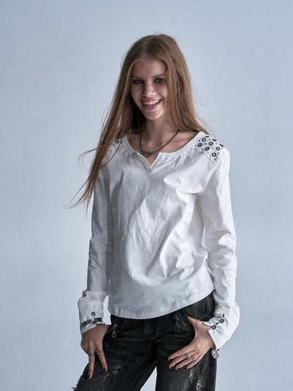wear And tear V-neck Rhinestone Slim Fit Punk Women&