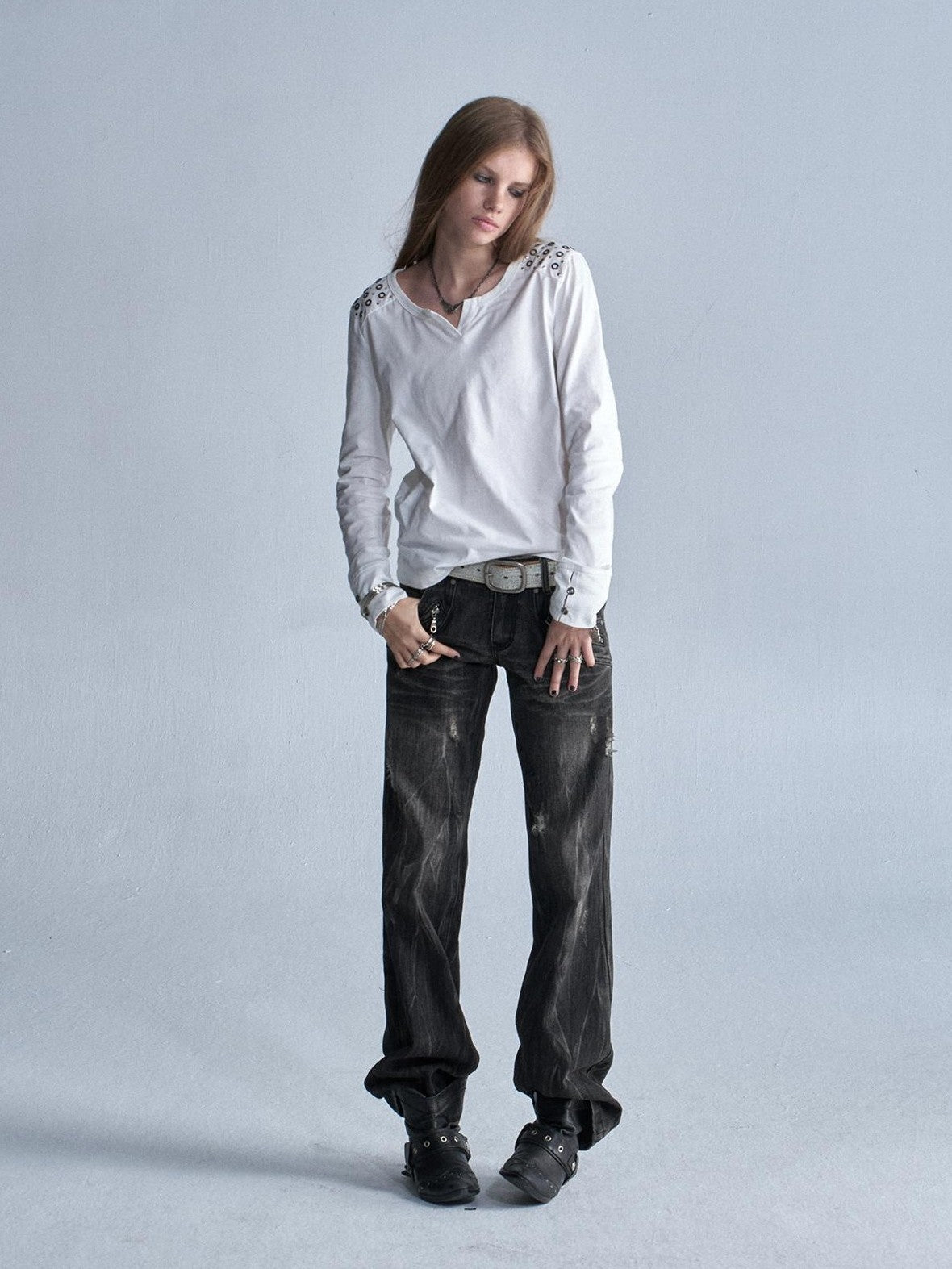 wear And tear V-neck Rhinestone Slim Fit Punk Women&
