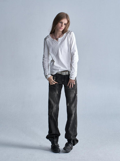 wear And tear V-neck Rhinestone Slim Fit Punk Women&