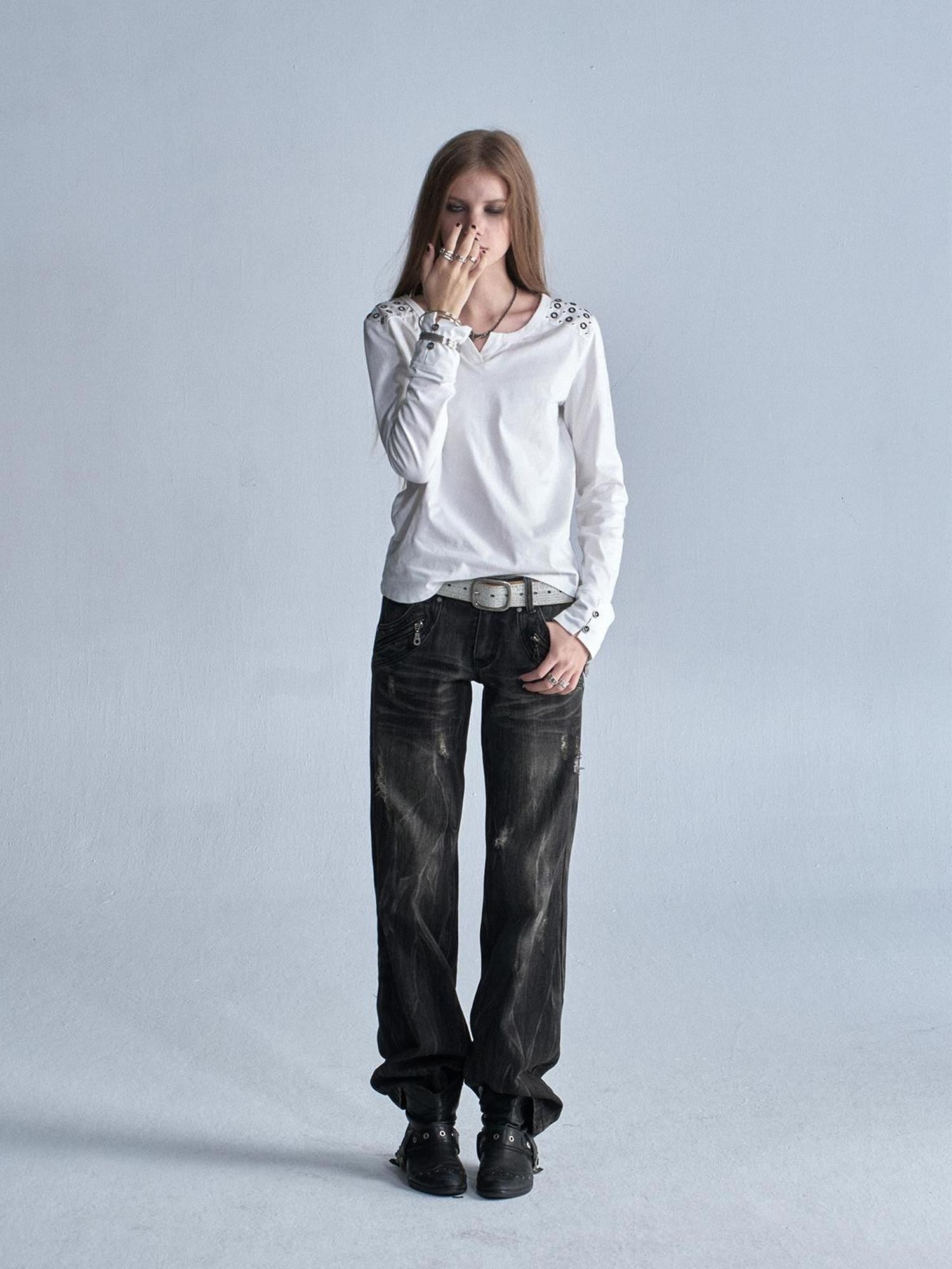 wear And tear V-neck Rhinestone Slim Fit Punk Women&