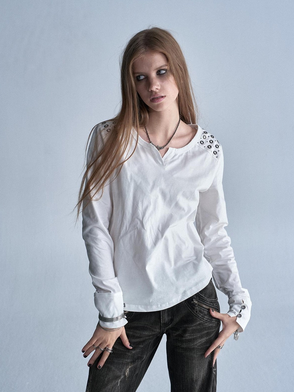 wear And tear V-neck Rhinestone Slim Fit Punk Women&