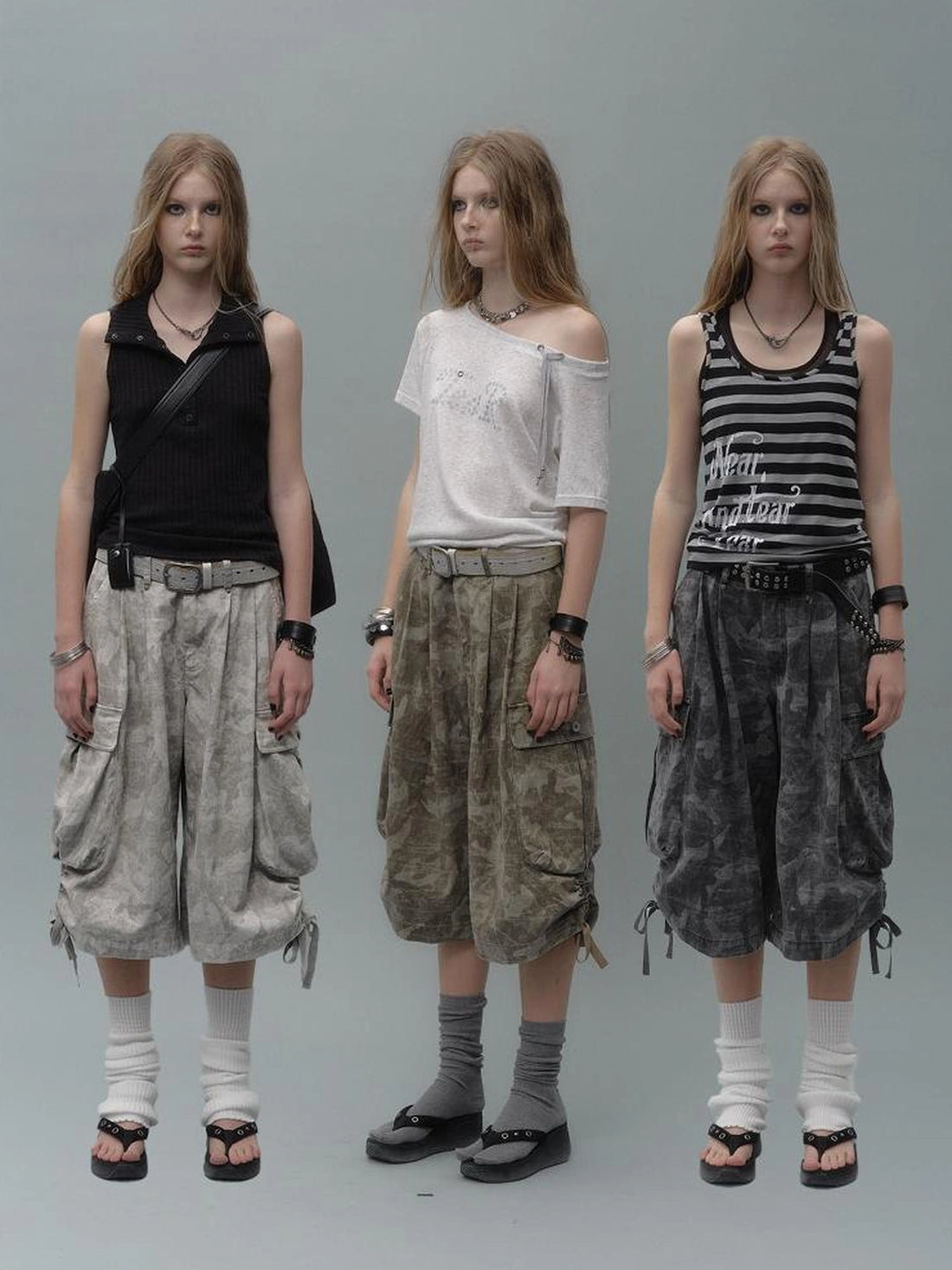 wear And tear Vintage Camo Cargo Shorts With Drawstring Studs