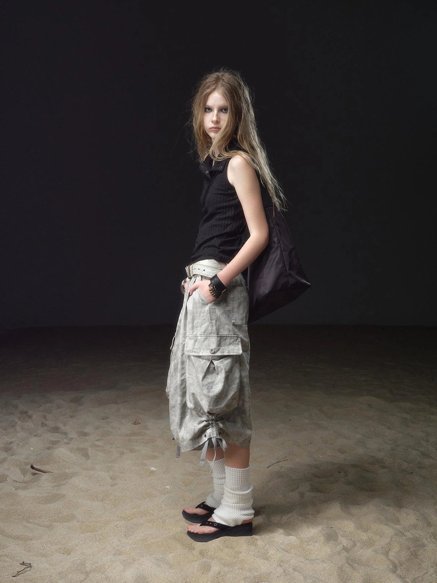 wear And tear Vintage Camo Cargo Shorts With Drawstring Studs