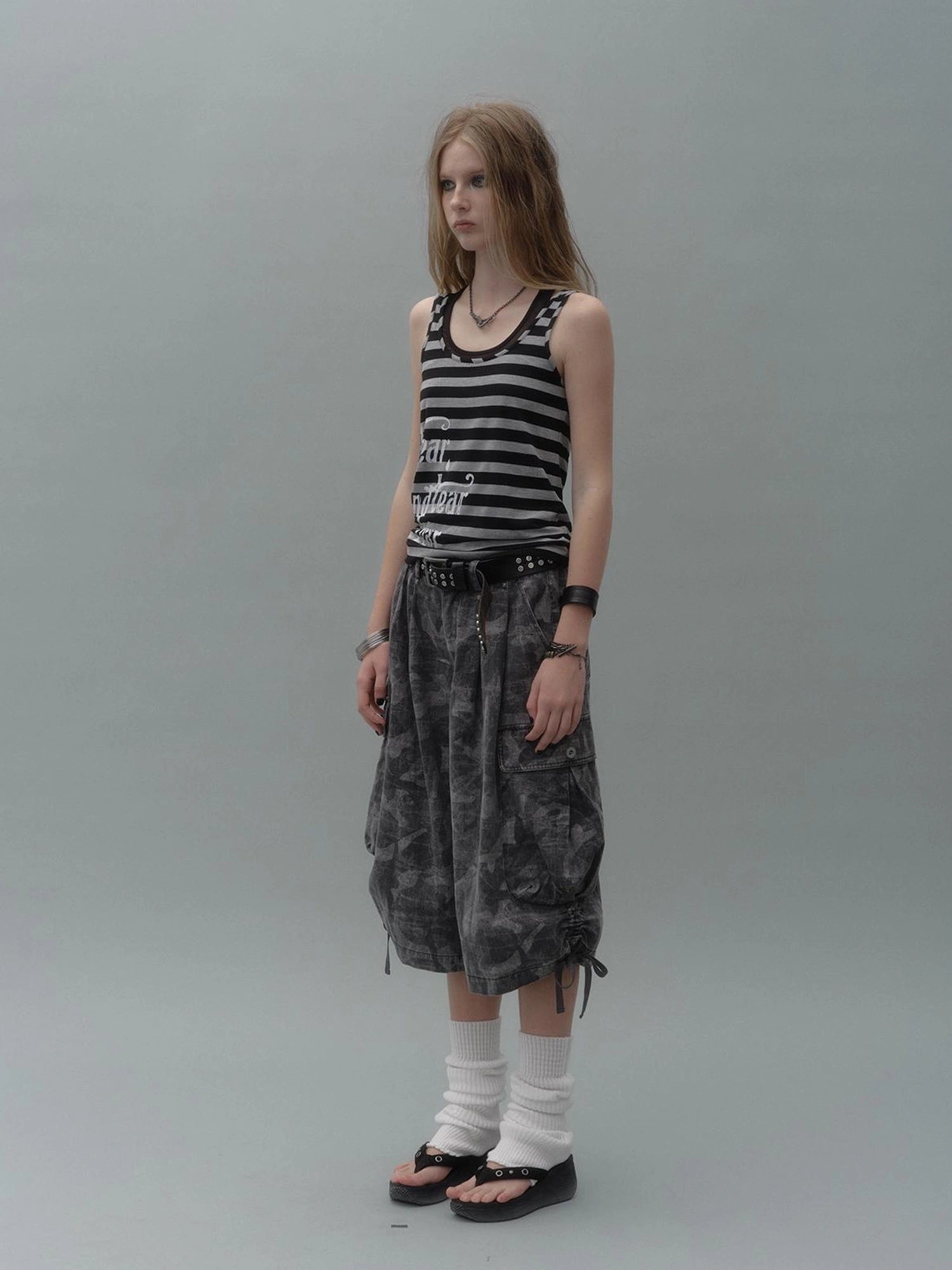 wear And tear Vintage Camo Cargo Shorts With Drawstring Studs