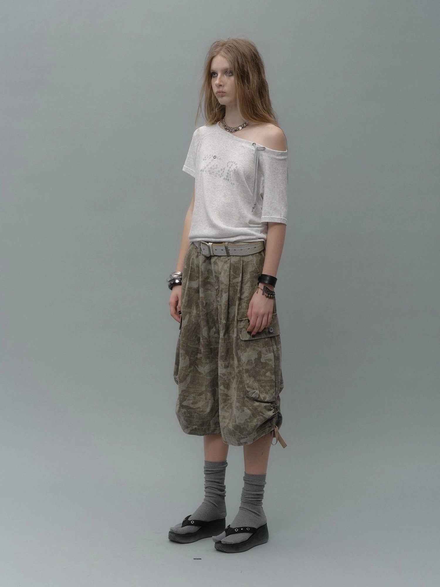wear And tear Vintage Camo Cargo Shorts With Drawstring Studs