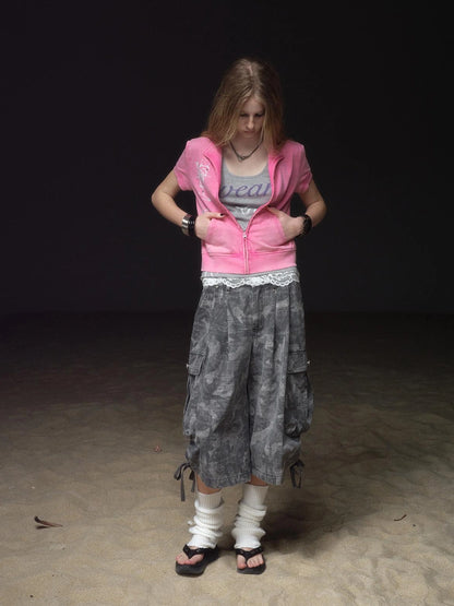 wear And tear Vintage Camo Cargo Shorts With Drawstring Studs