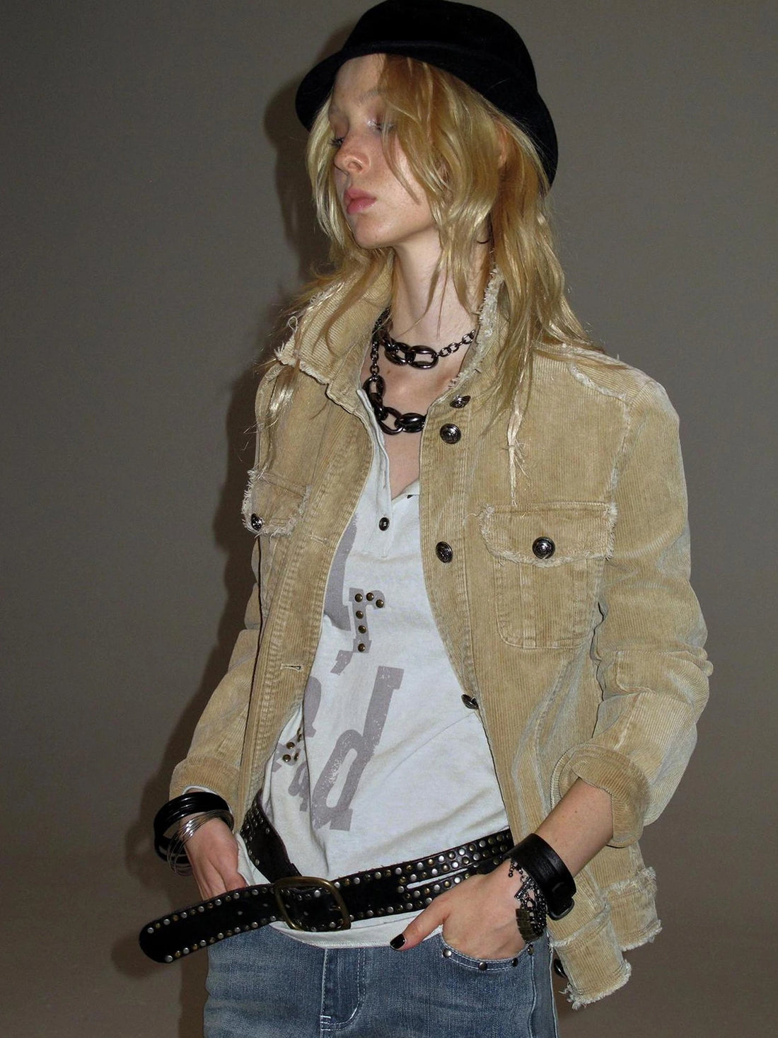 wear And tear Vintage Corduroy Shirt Jacket With Raw Edge Metallic Buttons