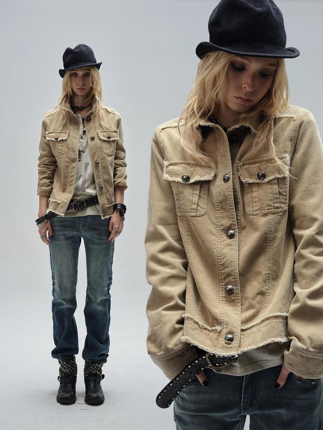 wear And tear Vintage Corduroy Shirt Jacket With Raw Edge Metallic Buttons