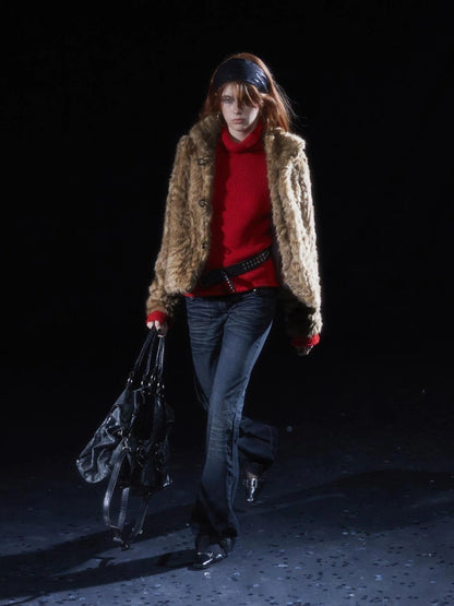 wear And tear Vintage Cropped Faux Fur Coat With Leather Trim