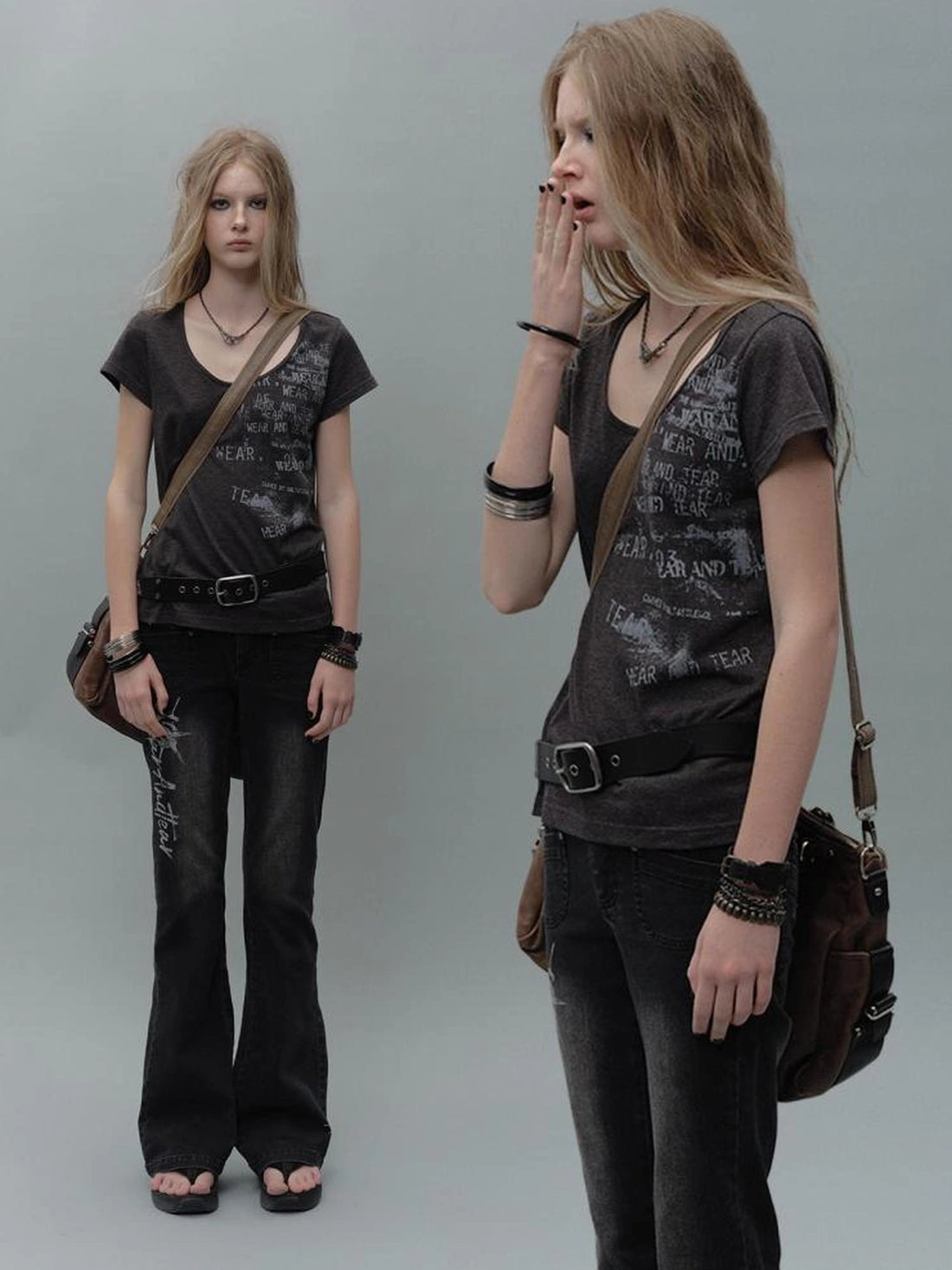 wear And tear Vintage Grunge Cracked Print V-neck T-shirt Long Sleeve