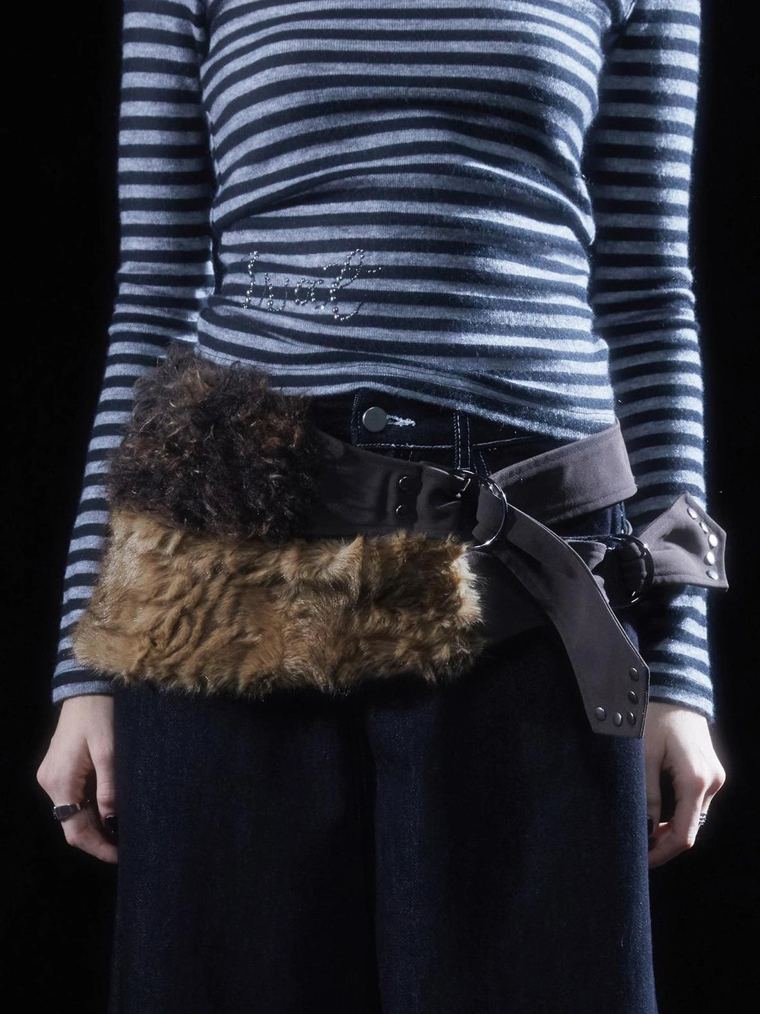 wear And tear Vintage Two Tone Faux Shearling Y2k Studded Belt