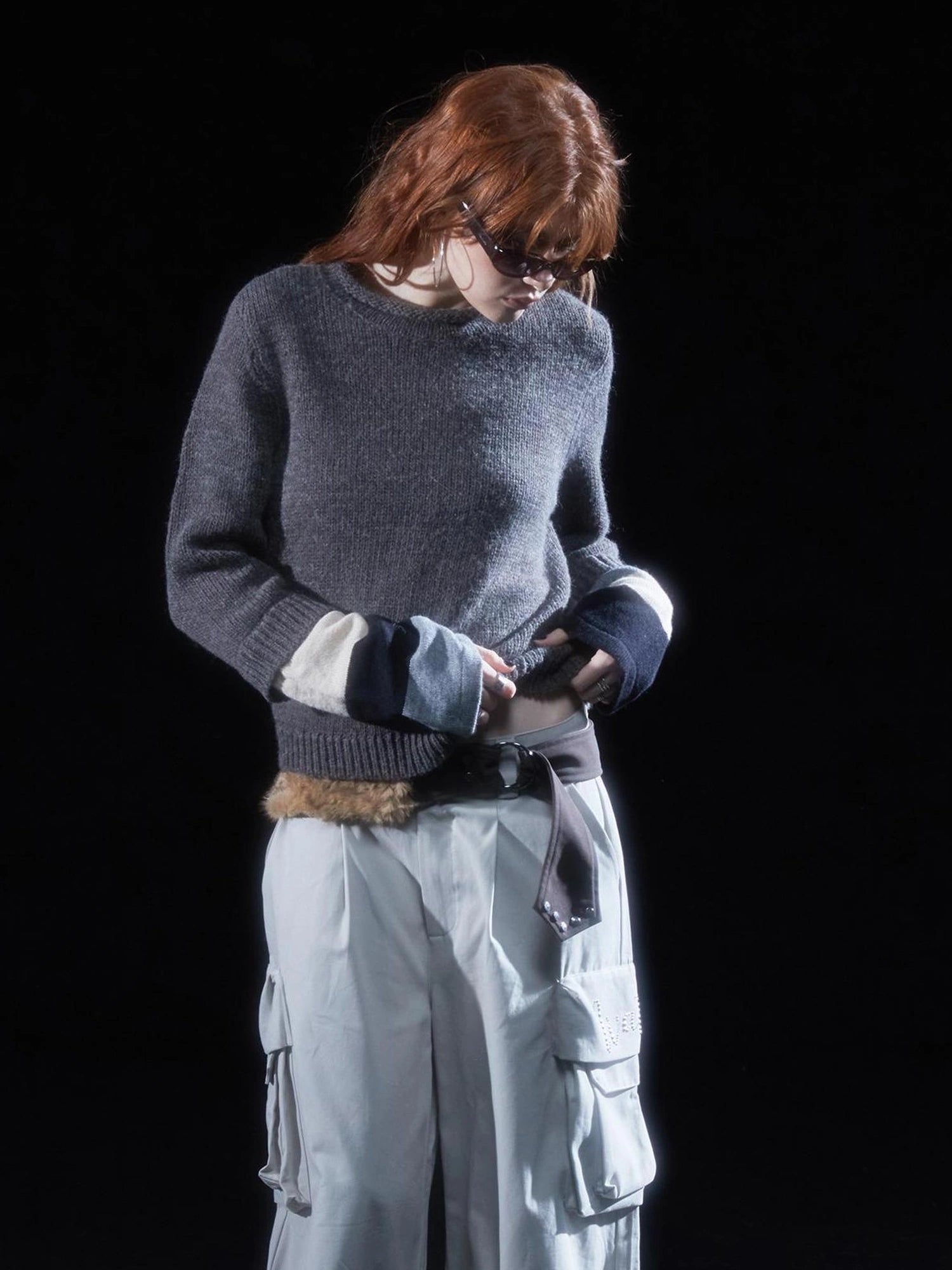 wear And tear Vintage Two Tone Faux Shearling Y2k Studded Belt