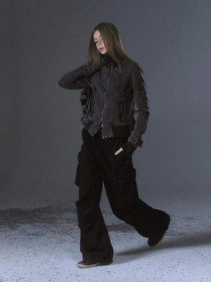 wear And tear Vintage Wash Zip Up Cropped Hoodie