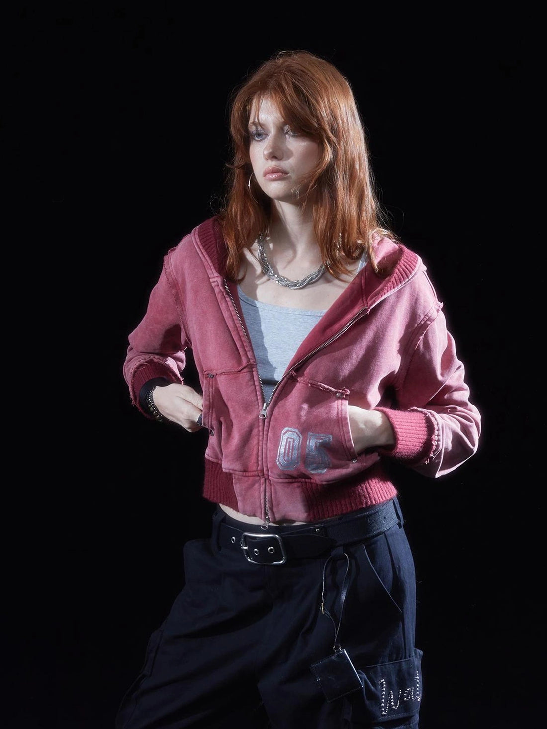 wear And tear Vintage Washed Cropped Hoodie With Studs Glitter Print