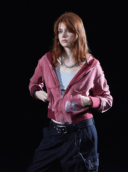 wear And tear Vintage Washed Cropped Hoodie With Studs Glitter Print