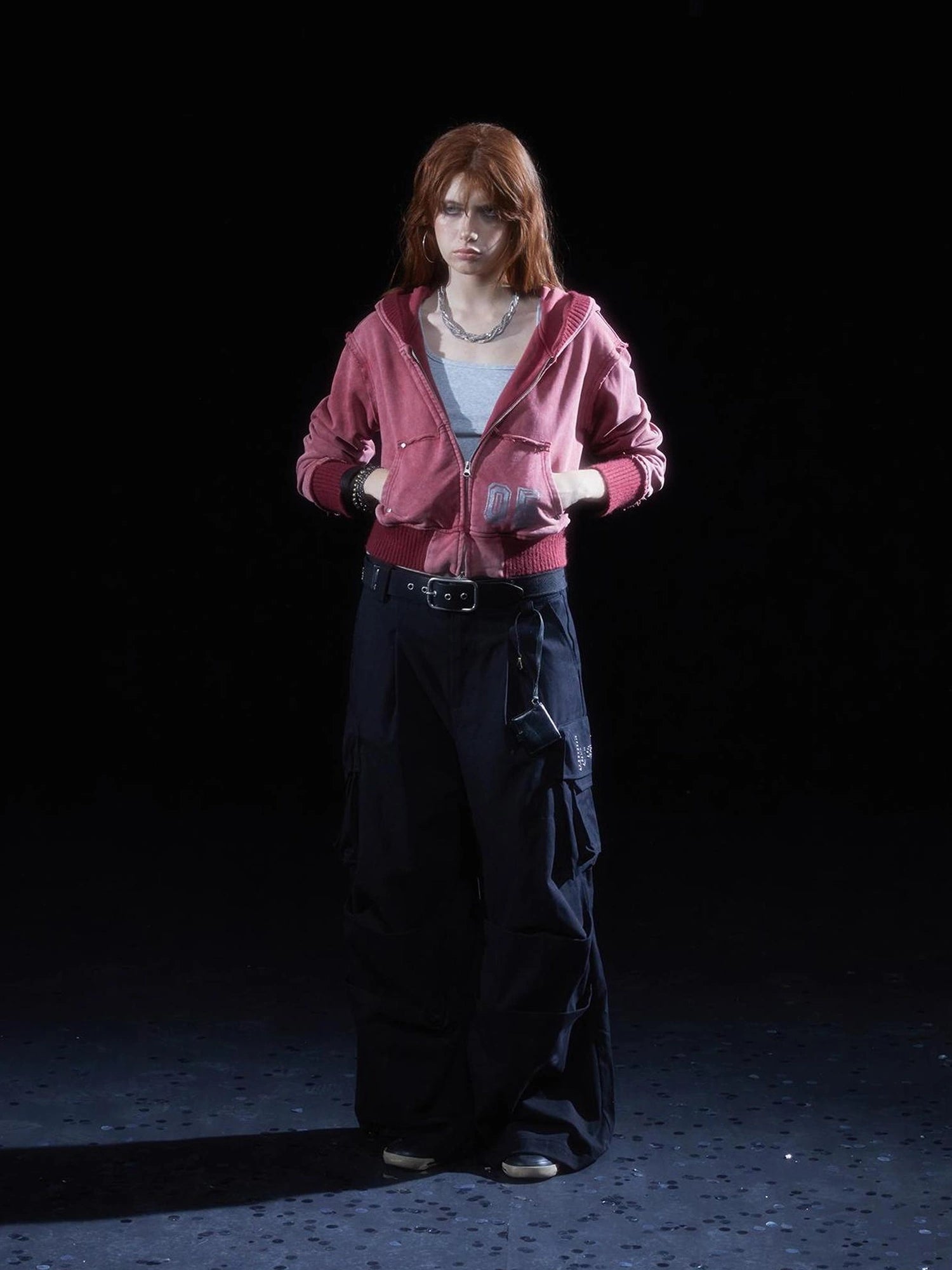wear And tear Vintage Washed Cropped Hoodie With Studs Glitter Print