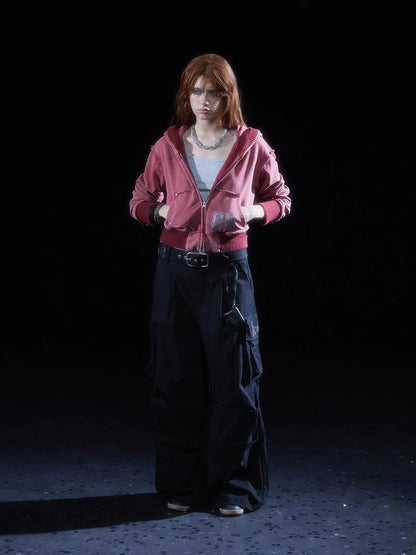 wear And tear Vintage Washed Cropped Hoodie With Studs Glitter Print