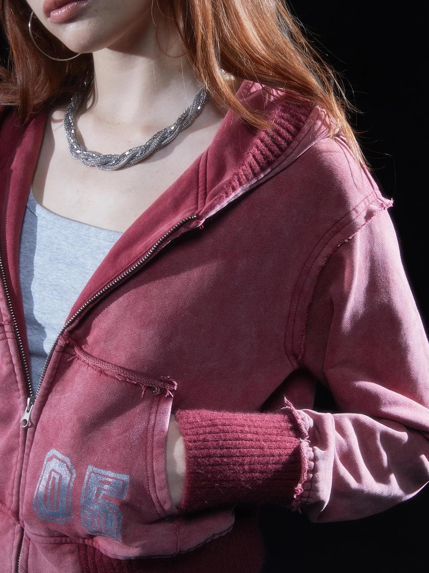 wear And tear Vintage Washed Cropped Hoodie With Studs Glitter Print