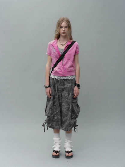 wear And tear Vintage Washed Cropped Zip Hoodie With Conch Print