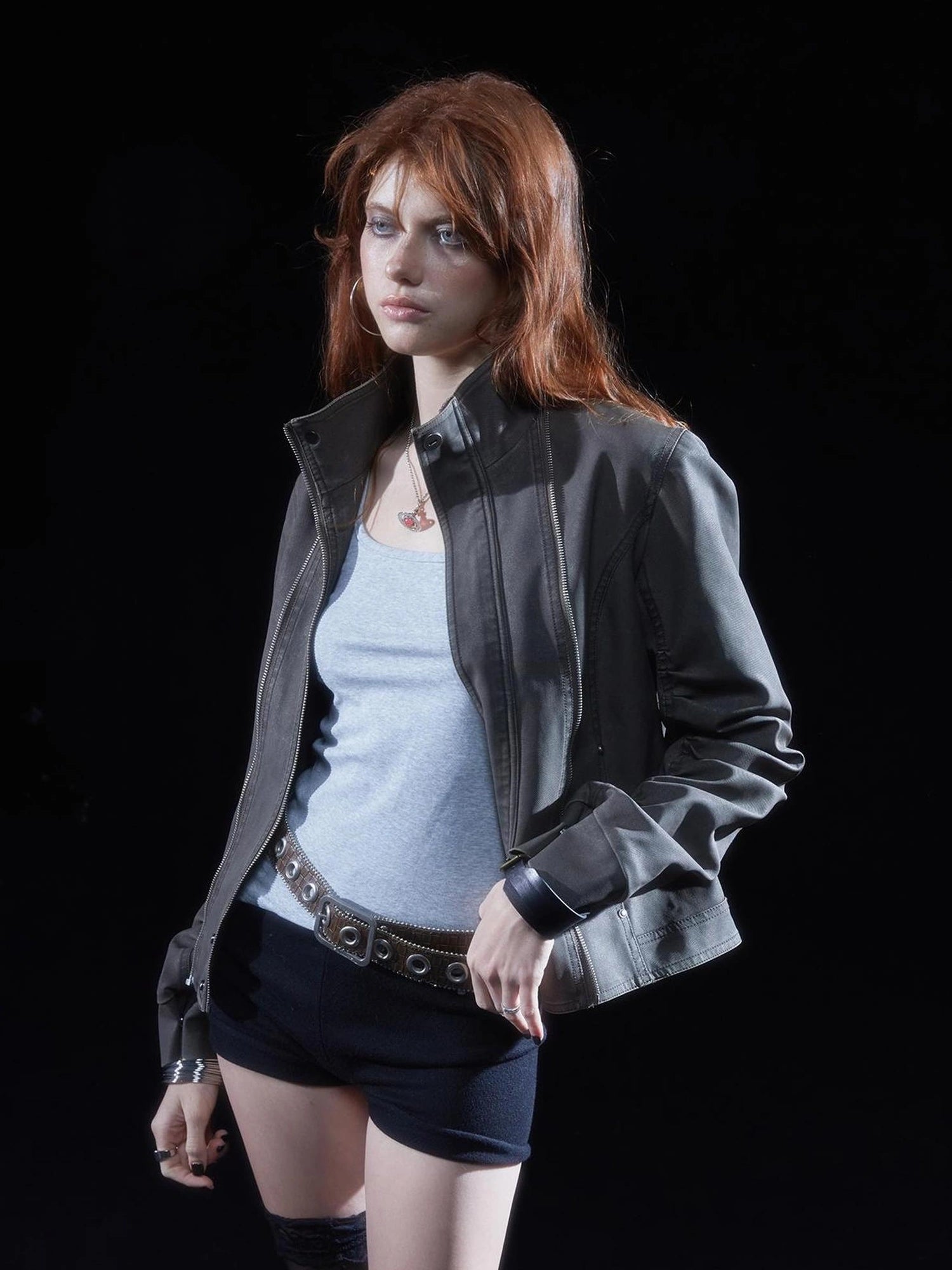 Vintage Washed Punk Rider Jacket With Metal Details