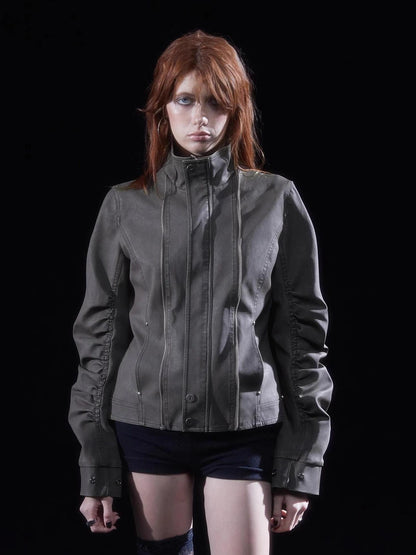 Vintage Washed Punk Rider Jacket With Metal Details