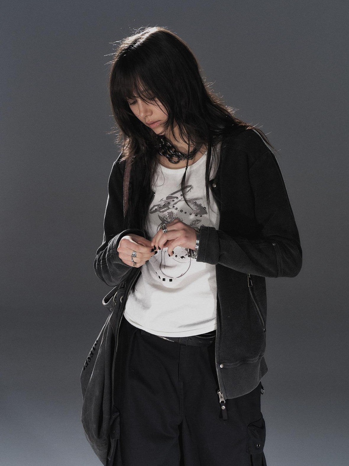 wear And tear Waffle Knit Studded Distressed Punk Loose Women&
