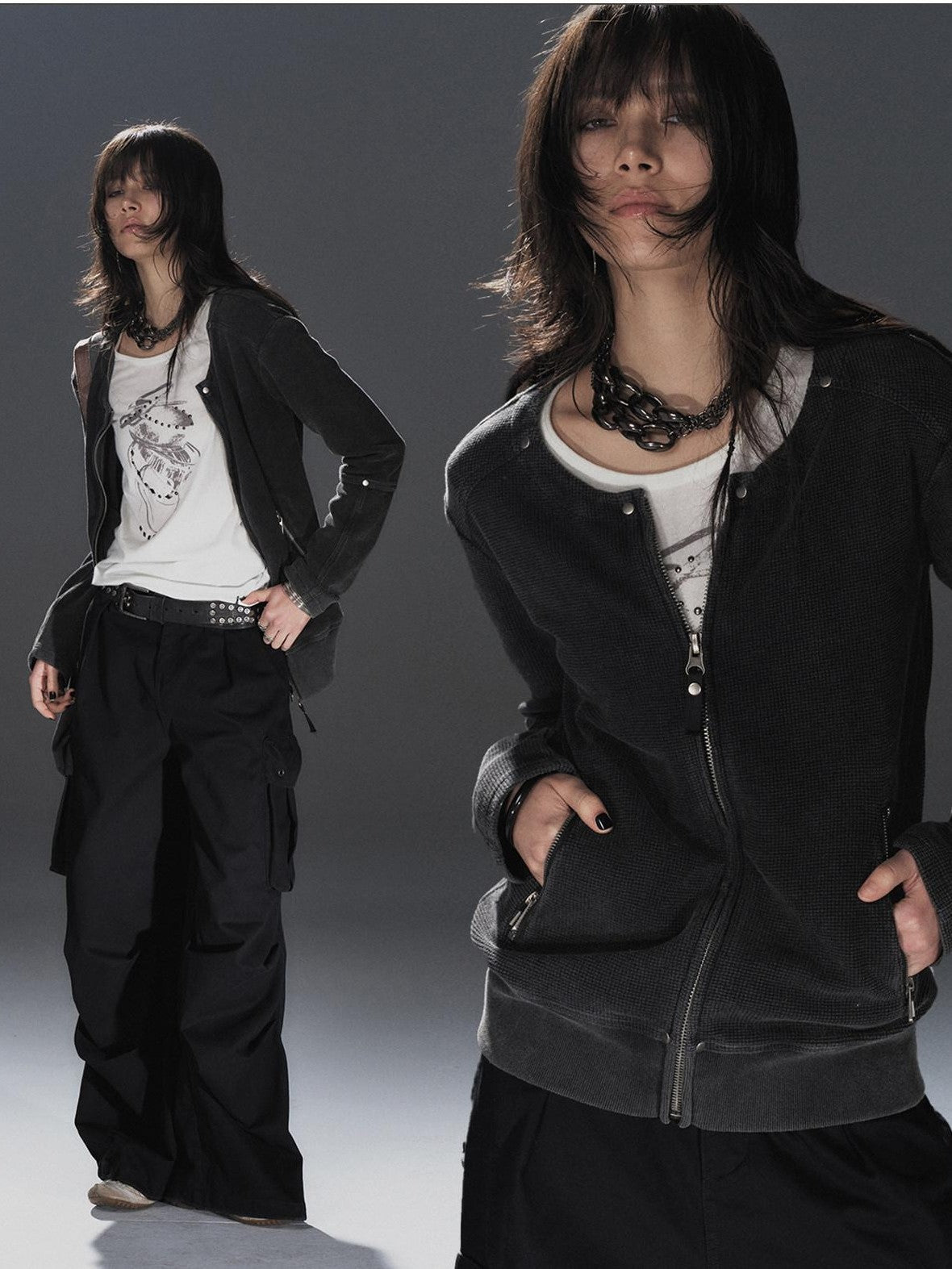 wear And tear Waffle Knit Studded Distressed Punk Loose Women&