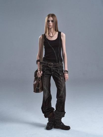 wear And tear Washed Black Lightning Low Rise Grommet Rivet Women&