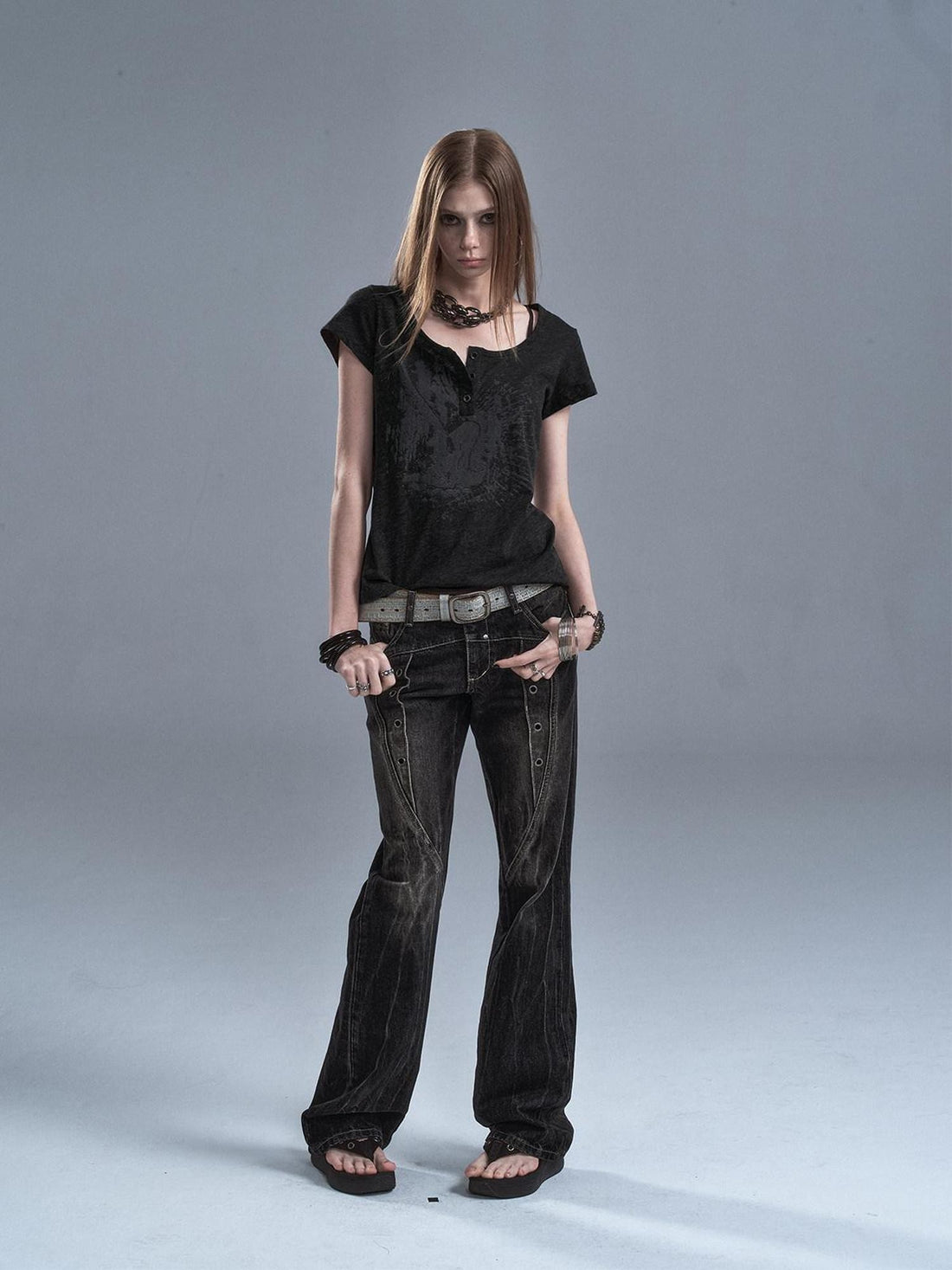 wear And tear Washed Black Lightning Low Rise Grommet Rivet Women&