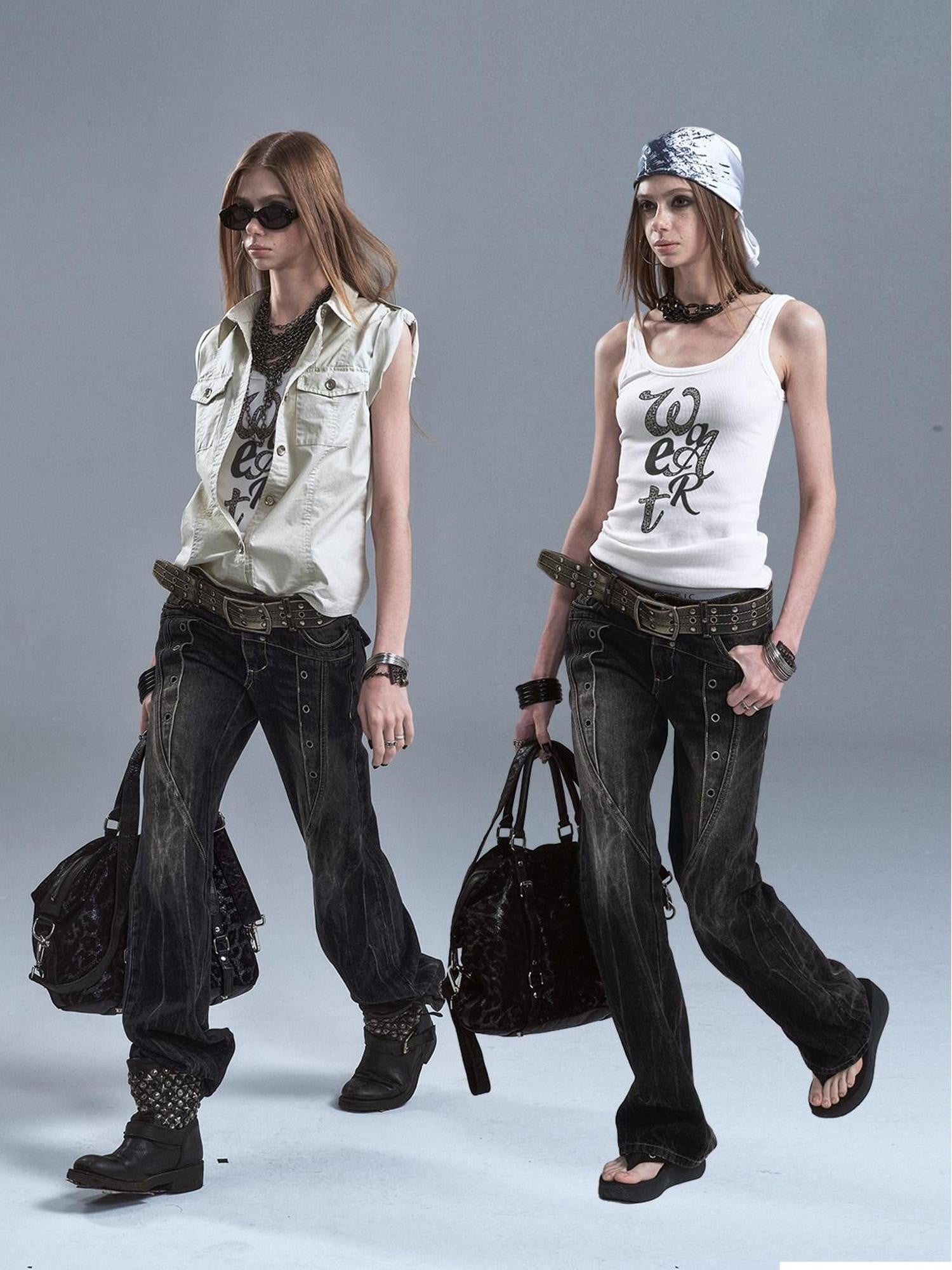 wear And tear Washed Black Lightning Low Rise Grommet Rivet Women&