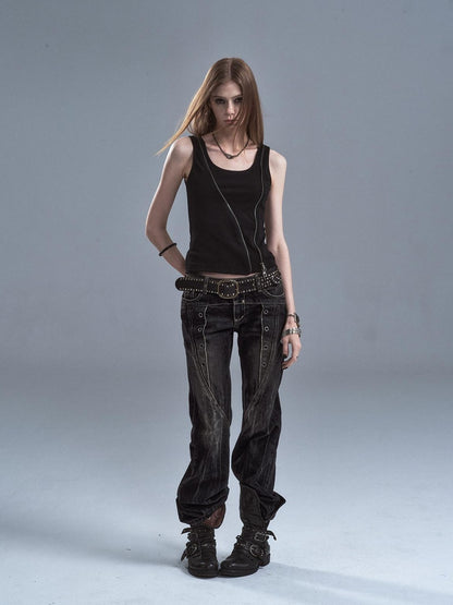 wear And tear Washed Black Lightning Low Rise Grommet Rivet Women&