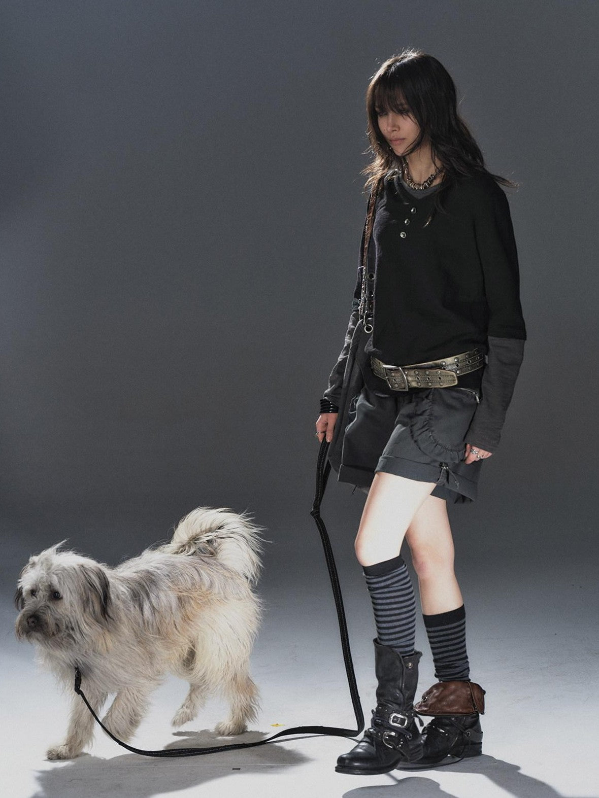 wear And tear Washed Gray Pleated Adjustable Cuff Cargo Rivet Women&