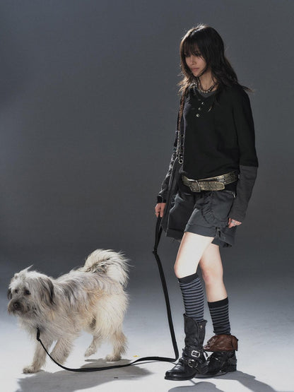 wear And tear Washed Gray Pleated Adjustable Cuff Cargo Rivet Women&