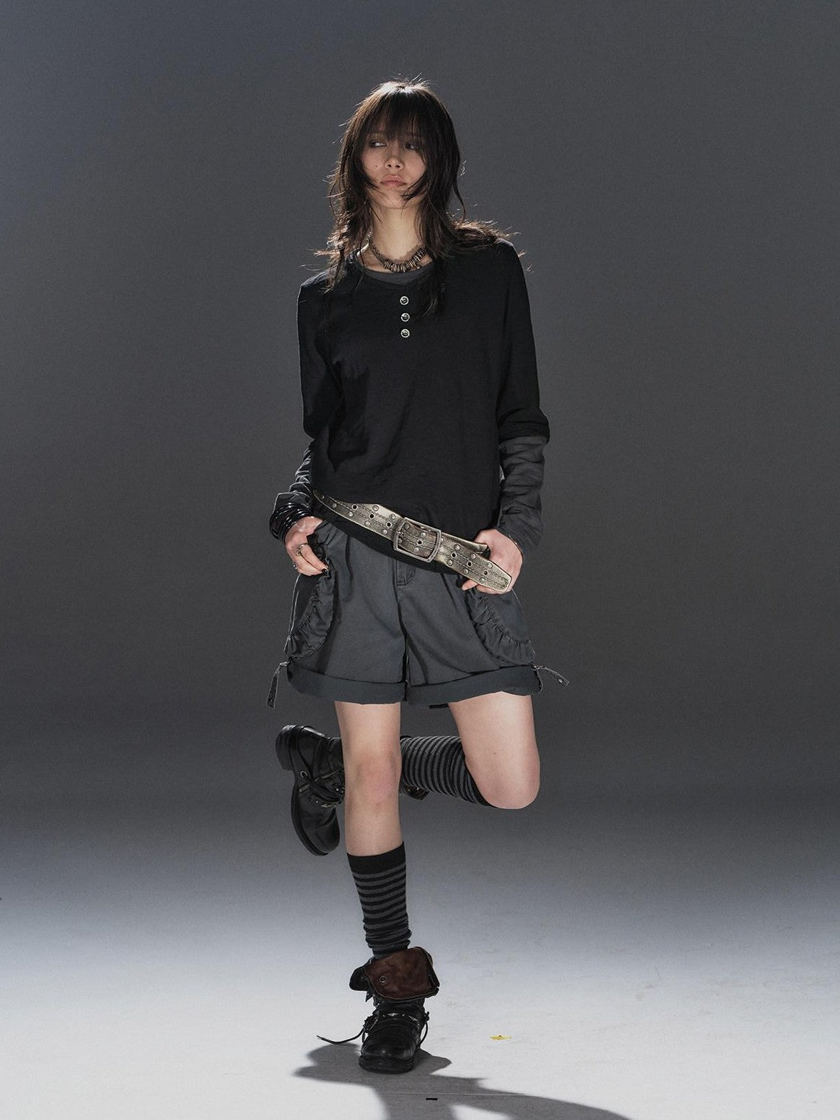 wear And tear Washed Gray Pleated Adjustable Cuff Cargo Rivet Women&