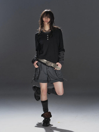 wear And tear Washed Gray Pleated Adjustable Cuff Cargo Rivet Women&