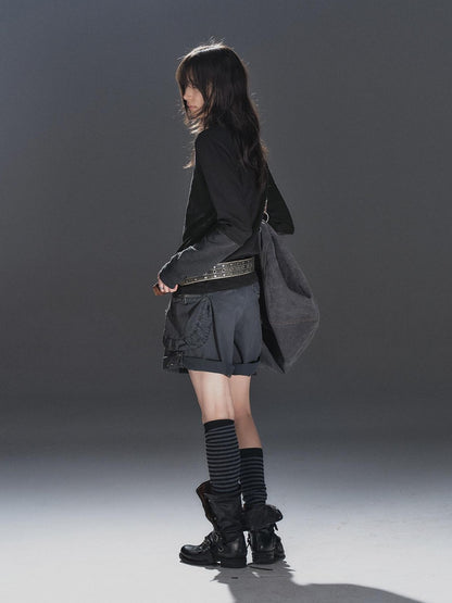 wear And tear Washed Gray Pleated Adjustable Cuff Cargo Rivet Women&
