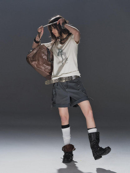 wear And tear Washed Gray Pleated Adjustable Cuff Cargo Rivet Women&