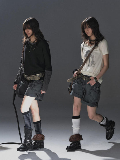 wear And tear Washed Gray Pleated Adjustable Cuff Cargo Rivet Women&