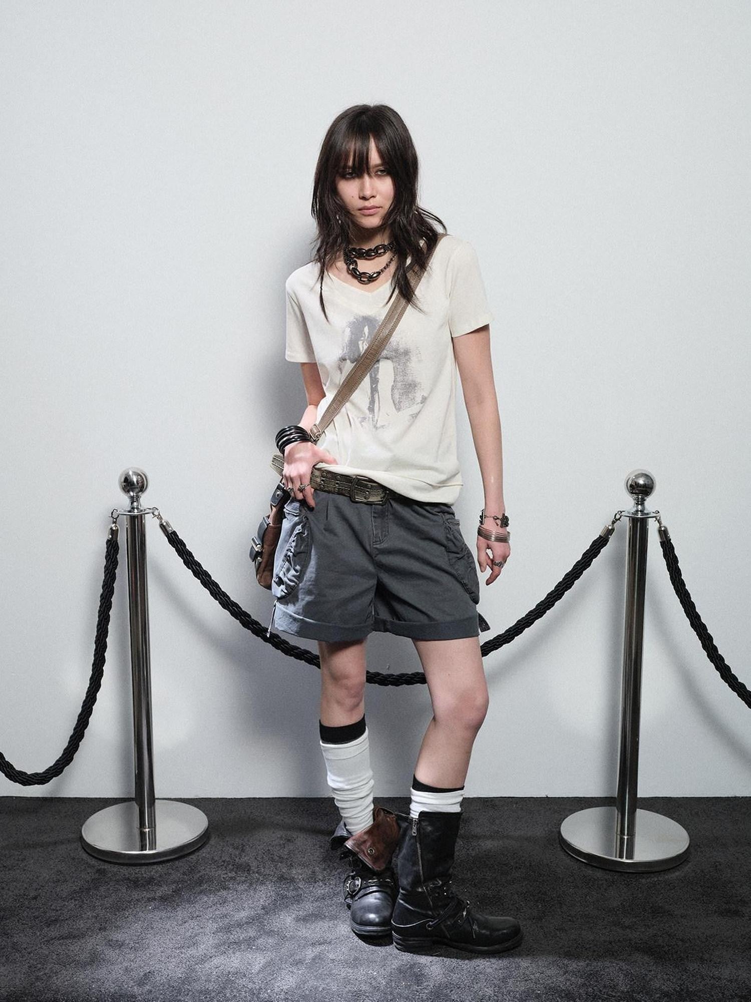 wear And tear Washed Gray Pleated Adjustable Cuff Cargo Rivet Women&