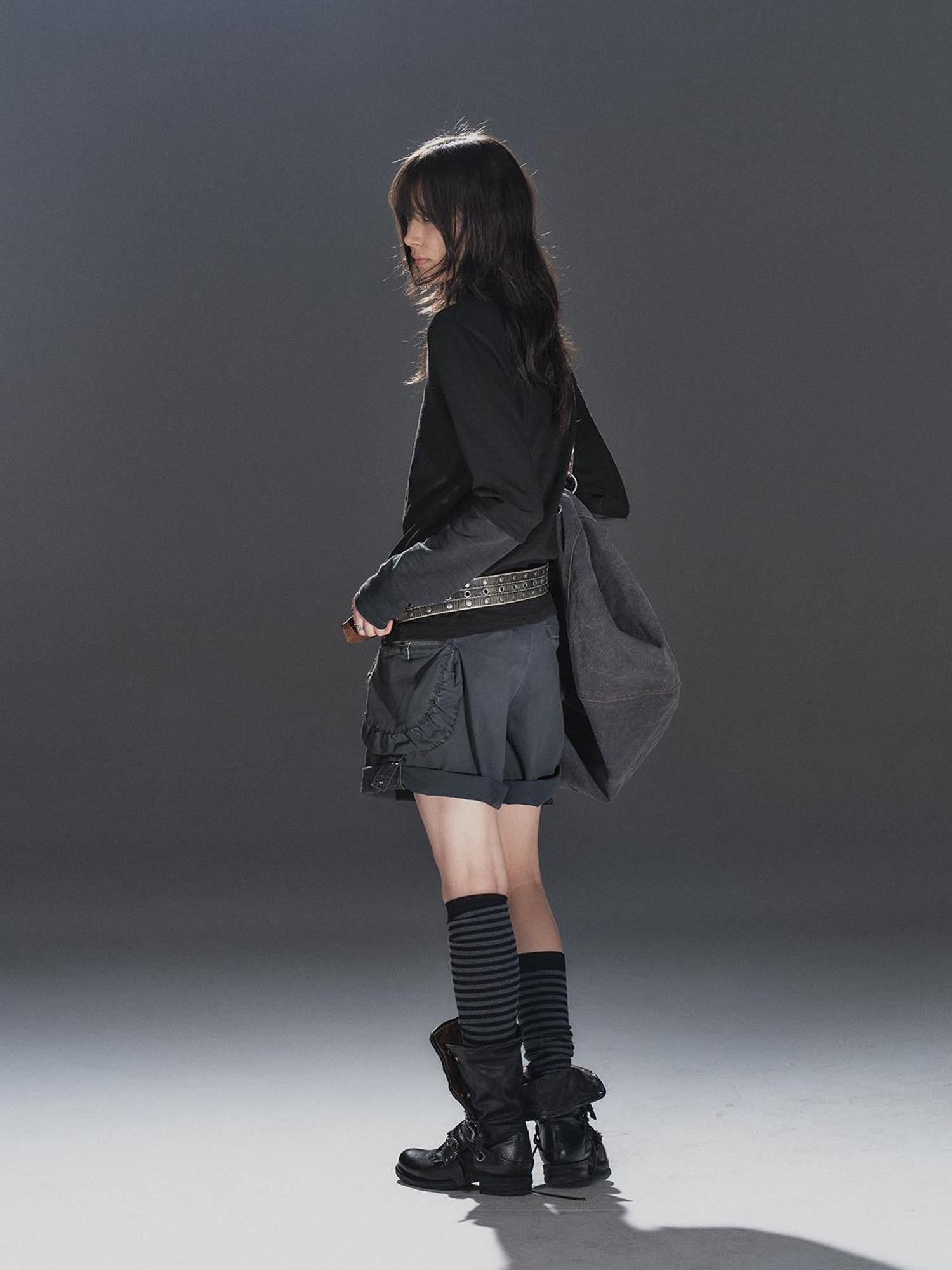 wear And tear Washed Gray Pleated Adjustable Cuff Cargo Rivet Women&