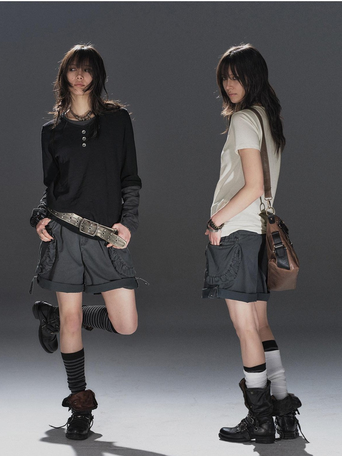 wear And tear Washed Gray Pleated Adjustable Cuff Cargo Rivet Women&