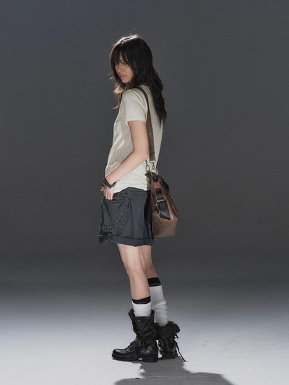 wear And tear Washed Gray Pleated Adjustable Cuff Cargo Rivet Women&